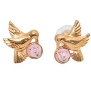 Avon Earrings Golden Hummingbird With Pink Rose Stud Flower For Pierced Ears